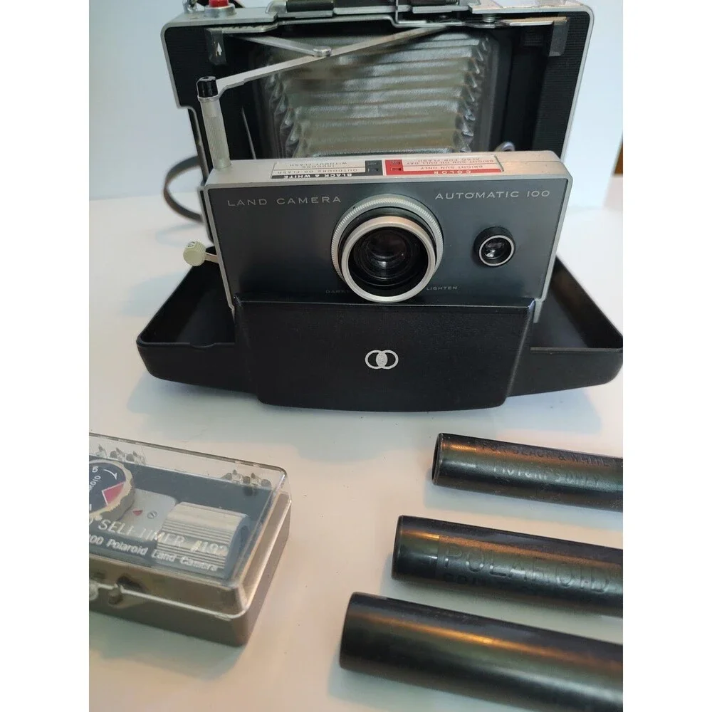 READ***Vtg Polaroid Automatic 100 Land Camera Bundle w/Manual/Filters/Flash/Case